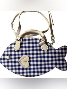 Betsey Johnson Blue & White Gingham Fish Crossbody with Cream Trim